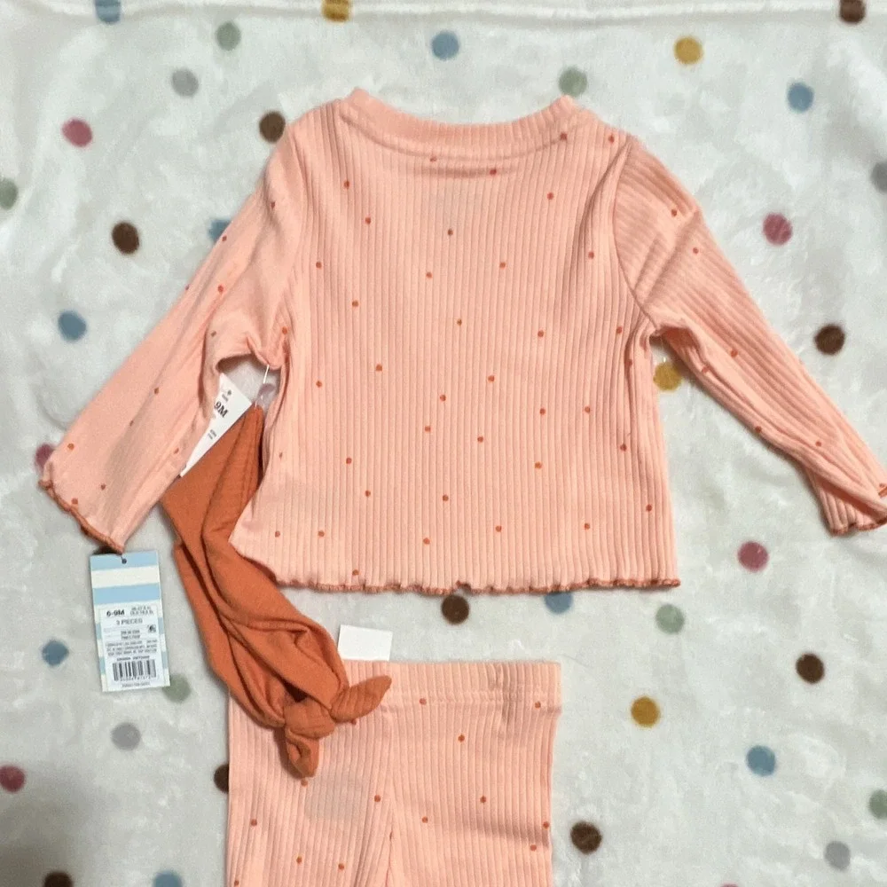 Cat & Jack Girls 3pc Ribbed Polka Dot Long Sleeve Pants Set 6-9M